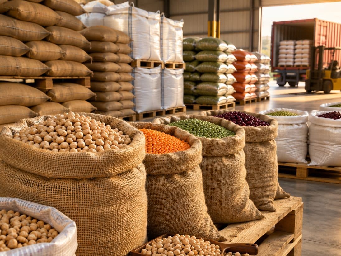 Sacks of Canadian chickpeas, lentils and beans ready for export