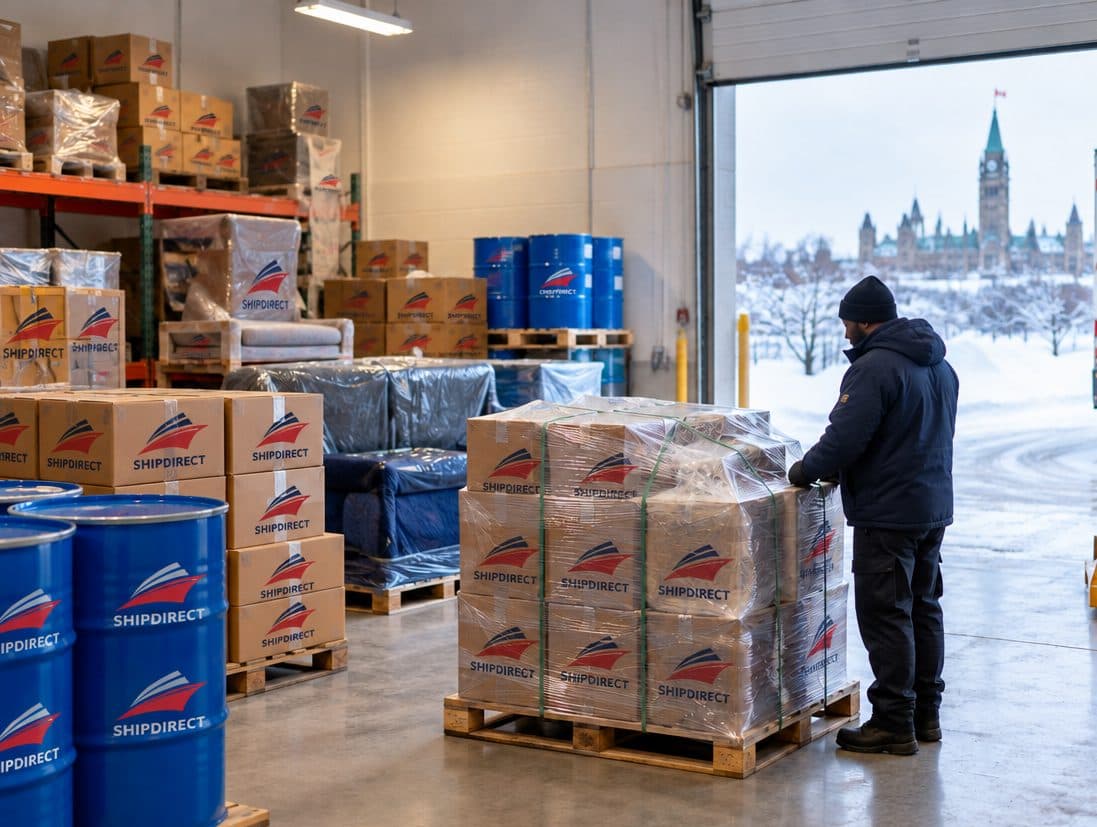 Ottawa warehouse with boxes, barrels and furniture staged for export