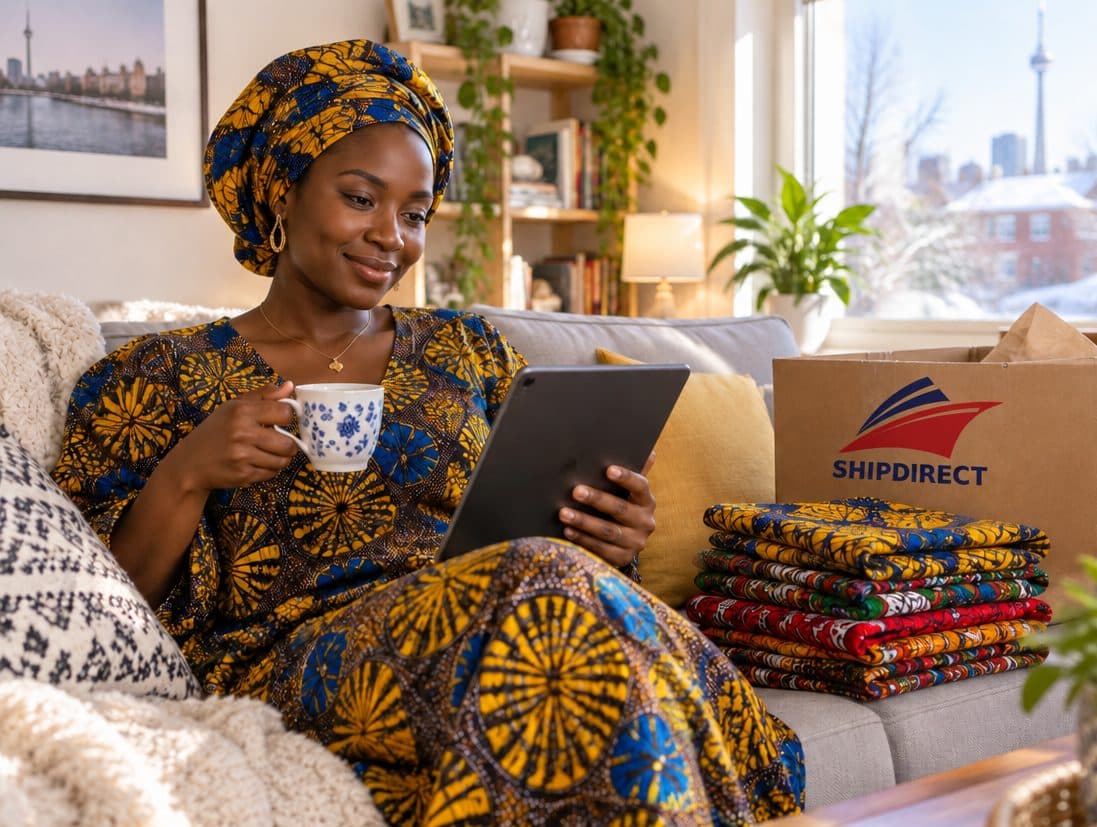 A relaxed customer reading on a tablet beside a box ready to ship