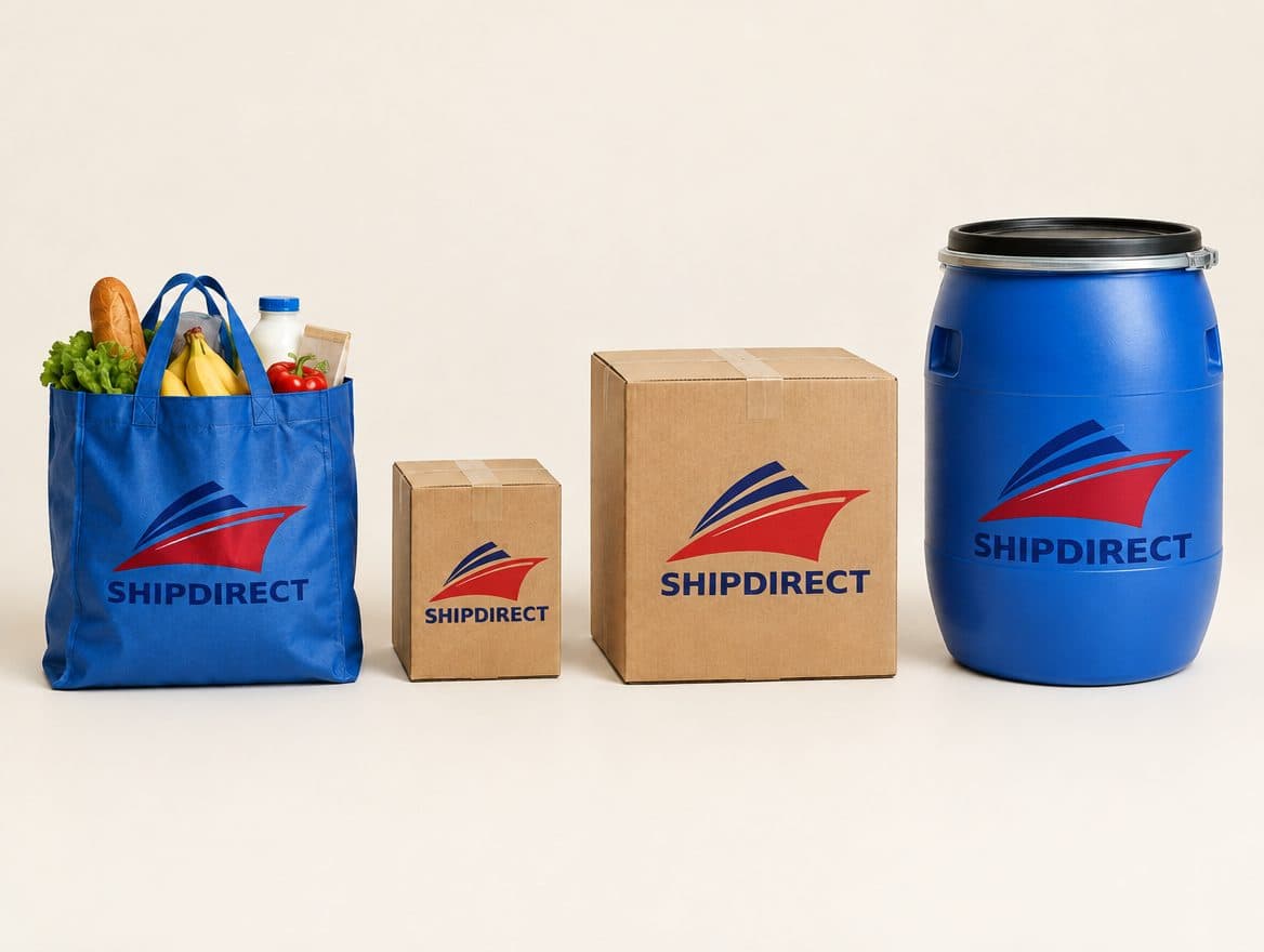 A large bag, small box, big box and barrel lined up by size