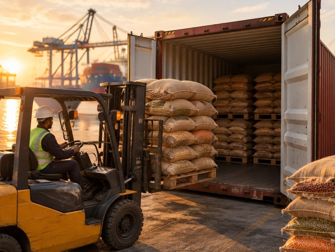 Sacks of pulses being loaded into a shipping container at port